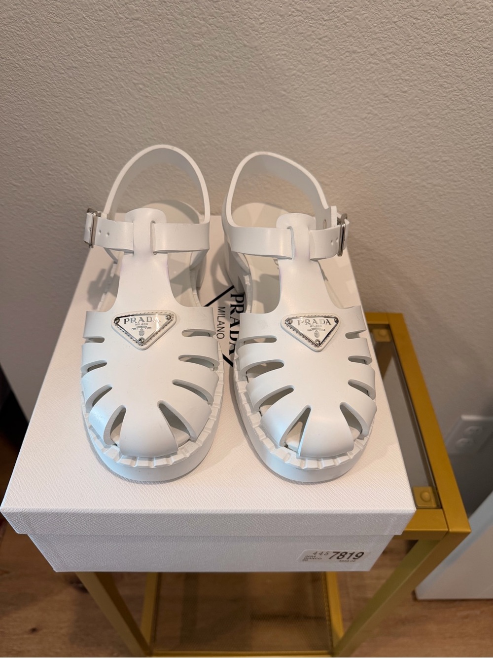 Prada Enameled Metal Triangle Rubber Fisherman Sandals, 8